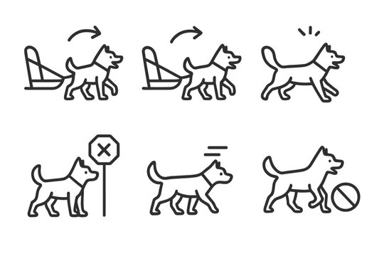 Sled Dog Commands Icons. Line style icons of popular sled dog commands illustrated: "Gee" turning right, "Haw" turning left, "Hike