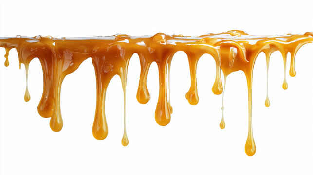 Golden honey dripping from a surface on a white background