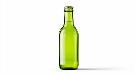 Green glass bottle standing upright on a white background