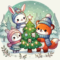 Three adorable animals are happily decorating a Christmas tree in the snow
