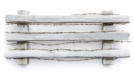 Weathered wooden fence with barbed wire against a white background