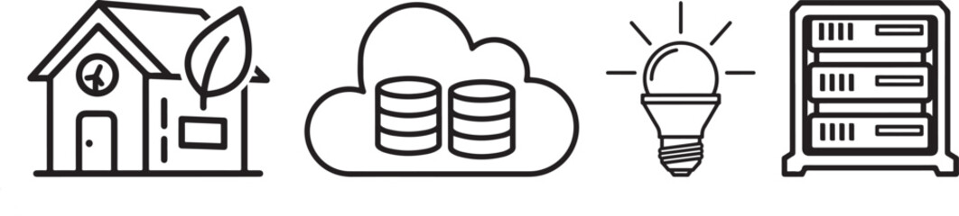 Conceptual Line Icons: Eco-Home, Cloud Storage, Lightbulb, Server Rack