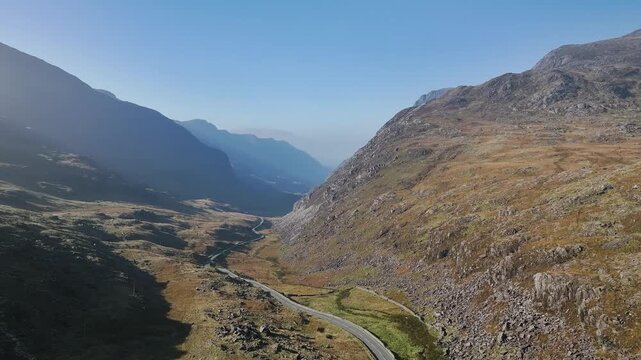 Autumn colours over Llyn Cwmffynnon and Miner&rsquo;s Track - Start Point, road A4086 from a drone, Pen-y-Pass, Snowdonia, Wales, UK
