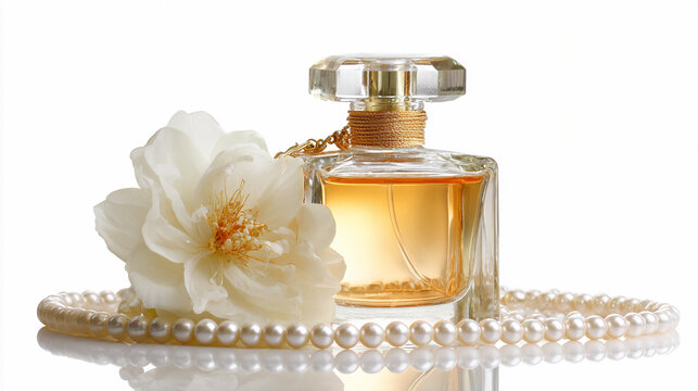 Elegant perfume bottle with flowers and pearls on a white background