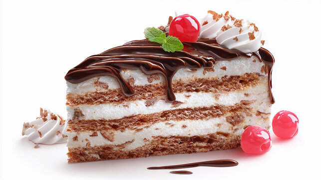 Delicious chocolate cake with cherries and whipped cream topping