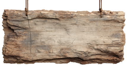 Blank vintage wooden sign board featuring weathered texture and cracks, hanging by ropes, providing rustic space for text or messages with a transparent background, png