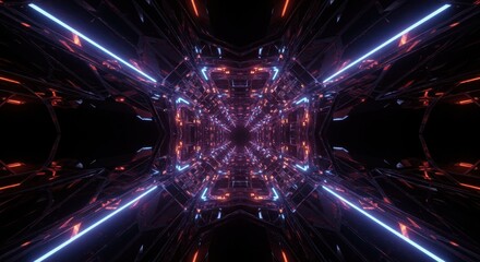 Symmetrical futuristic tunnel structure glows with contrasting neon illumination extending into darkness