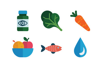 Vision wellness foods set, eye vitamin bottle, leafy greens, carrots, fresh fish, water intake, mixed fruits bowl vector