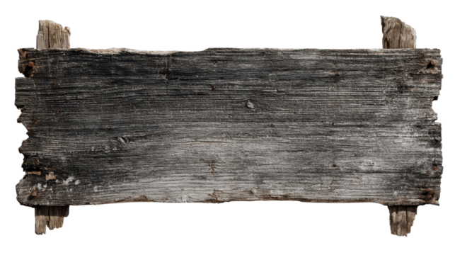 Blank vintage wooden sign board providing copy space for text messages, advertising, announcements, or a rustic design element with weathered wood texture on transparent background, png