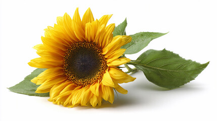 Fototapeta premium Bright sunflower with green leaves on a plain background
