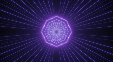 Glowing neon octagon tunnel structure radiates bright purple light into deep space