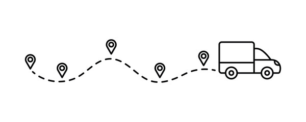 Fast Delivery truck icon. Delivery status Icon. The package is on the way. Parcel tracking. Truck fast delivery with location pin. Car silhouette driving on dotted path.