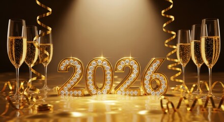 Sparkling golden 2026 new year celebration featuring champagne and luxurious diamond numerals against festive ribbons