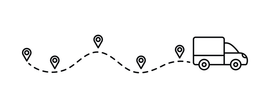 Fast Delivery truck icon. Delivery status Icon. The package is on the way. Parcel tracking. Truck fast delivery with location pin. Car silhouette driving on dotted path.