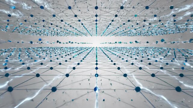 Interconnected abstract structures featuring blue and green dots, with clusters of blue and white objects amidst complex patterns, perfectly capture innovative technological advancements and.