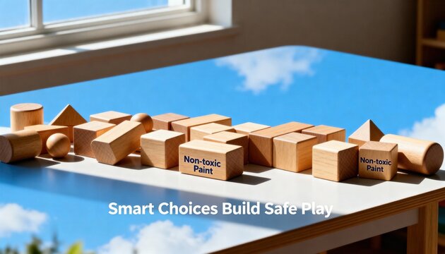 Non-toxic wooden building blocks on a table for safe play. Natural eco-friendly toys for early childhood education. Child safety and development concept