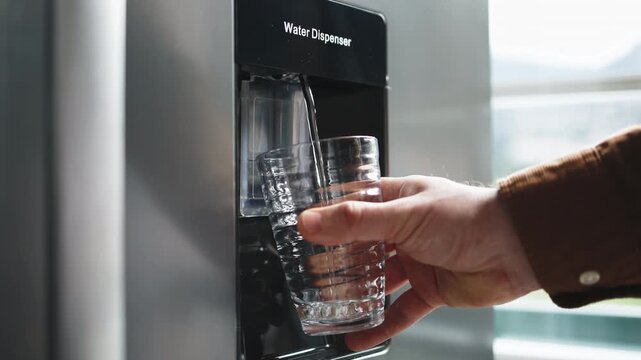 Water pouring from a cooler into a glass. Concept refreshment and hydration.