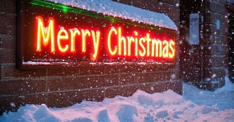 Bright neon sign displays Merry Christmas. Snow covers brick wall, creating festive winter scene. Lighting illuminates falling snowflakes.