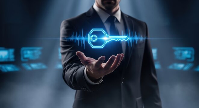 Businessman presents a glowing key icon symbolizing security access protection for data or entrance into digital world - Powered by Adobe