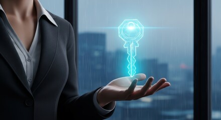 Businesswoman holds a glowing digital key symbolizing secure access and technological solutions in a modern urban setting