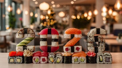Creative sushi display featuring the year 2026 with colorful rolls in a modern restaurant setting