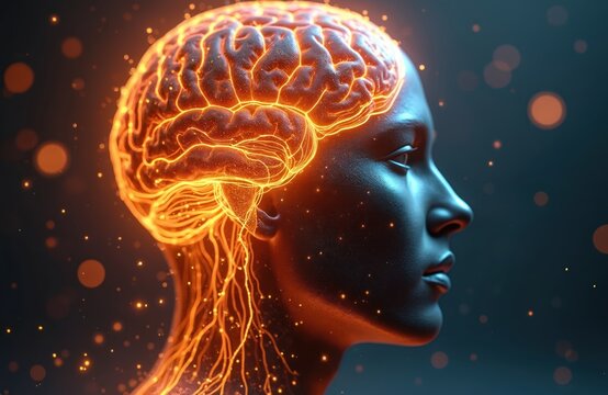 Glowing human brain with neural network connections. Head profile with electric energy sparks, symbolizing mind health and clarity. Digital consciousness concept with data flow.