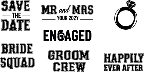 Save the date bride squad groom crew engaged wedding ring happily ever after wedding invitation vector illustration