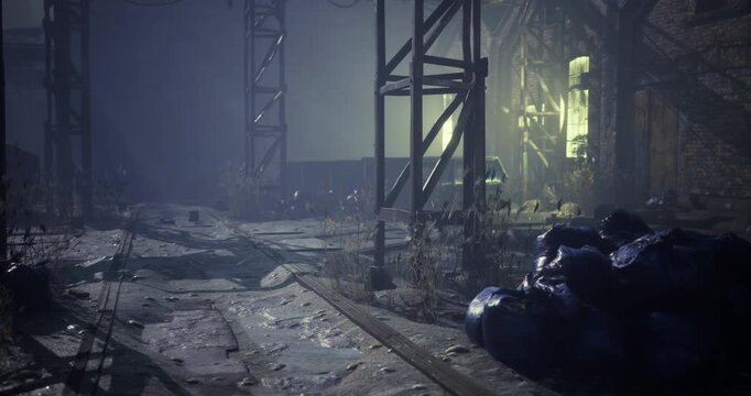 Overgrown tracks reveal a forgotten industrial site submerged in twilight. Eerie shadows mingle with ghostly green light, creating an atmosphere of mystery and decay.