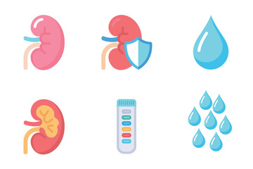 Kidney health icons set, hydration water drop, protective shield, urinalysis strip, glucose meter, lab tube, vector illustration