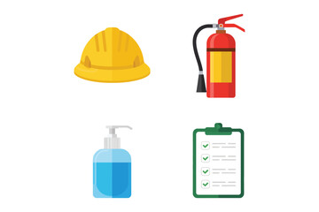 Safety readiness icons set, yellow hard hat, portable extinguisher, sanitizer dispenser, inspection checklist board, facility compliance vector