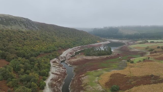 Autumn over Craig Goch Dam from a drone, Elan Valley Reservoirs, Elan Valley, Rhayader, Powys, Wales