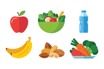 Balanced nutrition icons, apple and banana, salad bowl greens, hydration bottle, nuts and vegetables, wellness food collection vector