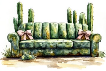 Unique cactus-themed sofa with bows surrounded by desert plants, showcasing creativity in furniture design