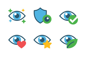 Eye care icons set, vision protection symbols, blue eye graphics, shield checkmark, heart, star, eco leaf, vector illustration