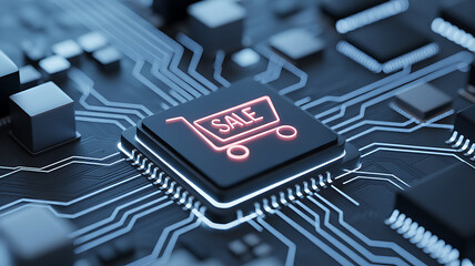 A glowing shopping cart icon on a computer chip, representing online sales and ecommerce, with a dark background and circuit board design