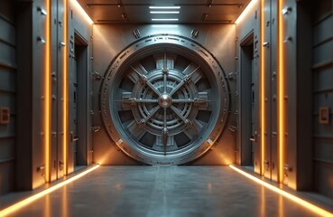 Massive bank vault door dominates secure corridor. Strong metal entrance suggests financial safety, protection. Modern design features glowing lights. Represents valuable assets, wealth management,