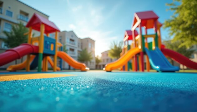 Colorful playground equipment with slides, swings stands in residential courtyard on sunny day. Apartment buildings, green trees form backdrop. Safe rubberized surface ensures child fun, activity.
