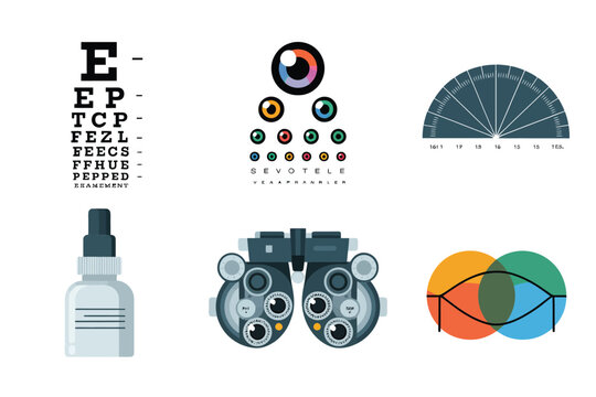 Vision testing equipment icons, snellen chart board, color blindness dots, lens refraction arc, eyedrop bottle, phoropter machine diagrams