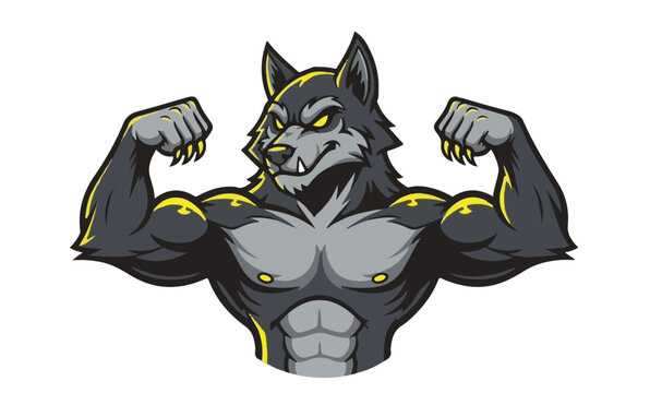 Unleash Your Inner Beast with this Fierce Wolf Mascot Showing Off Biceps, perfect for gaming, sports, or branding that needs a powerful, edgy look