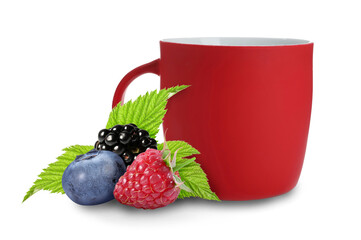 Hot beverage in cup and berries on white background. Health boosting drink for cold season