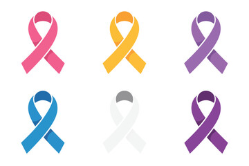 Support ribbon icons set, pink survivor symbol, golden awareness loop, purple advocacy mark, blue hope ribbon, clean vector