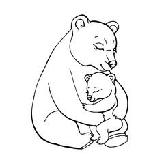 Hand-drawn mother bear with cub coloring page. Sweet woodland animals in a tender hug. Perfect for kids activities, books, decals, nursery prints, DIY crafts and Mother s Day designs.