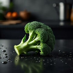 Broccoli on Dark Surface with Water Droplets, AI Generated
