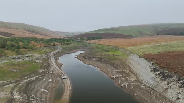 Autumn over Craig Goch Dam from a drone, Elan Valley Reservoirs, Elan Valley, Rhayader, Powys, Wales