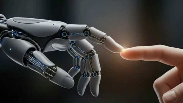 Futuristic Robot Hand Reaching Out to Touch Human Finger in a Symbolic Gesture of Connection and Technological Advancement Conceptual Digital Art Depicting Artificial Intelligence 