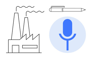 Factory with smoke chimneys for industrial processes, pen for writing or creativity, microphone inside blue circle for communication or broadcasting. Ideal for industry, creativity, innovation