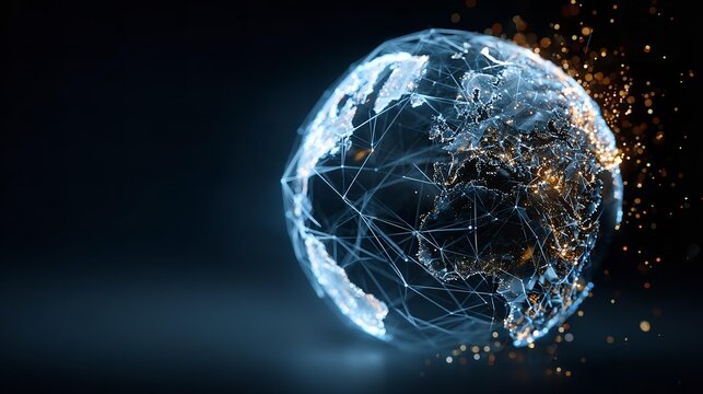 A futuristic image of illuminated sphere with molecular connection, network.