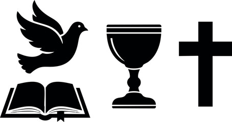 Christian symbols dove bible chalice cross vector illustration religious icons black silhouette