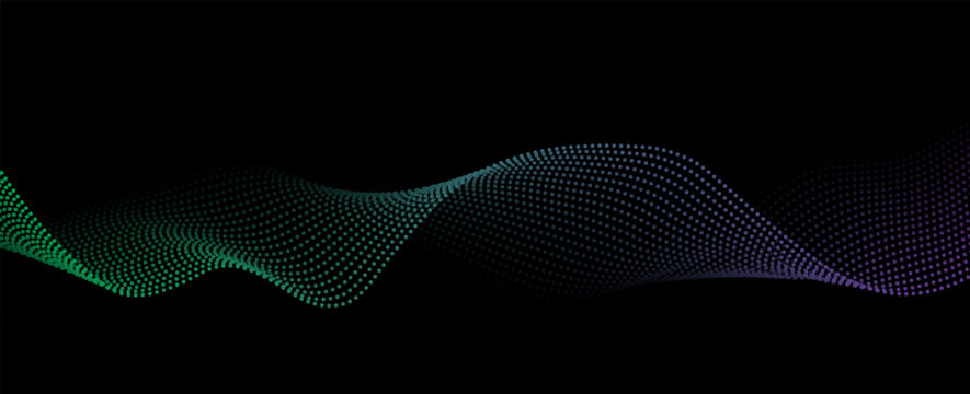 Flowing dots particles wave pattern green and purple isolated on black, background. Vector in concept of technology, science, music, modern.