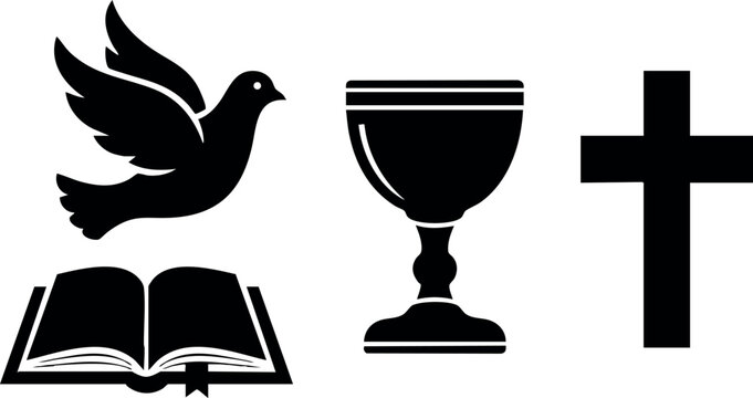 Christian symbols dove bible chalice cross vector illustration religious icons black silhouette